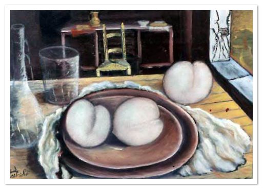 Tre pesche, bottiglia e bicchiere