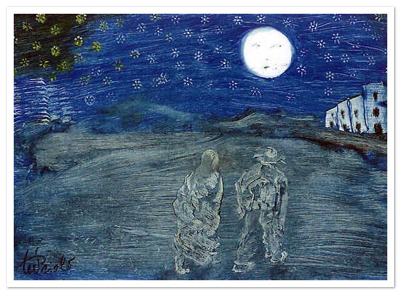 Viandanti nella notte stellata con plenilunio