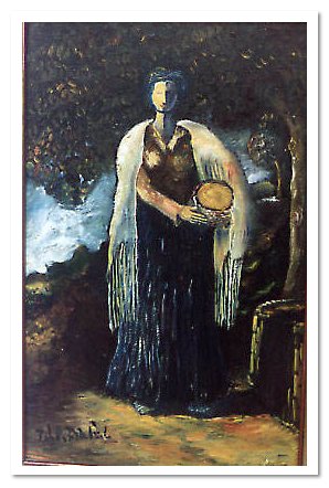 Donna con scialle e cest