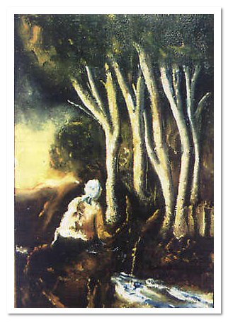 Donna su asinello davanti al ruscello